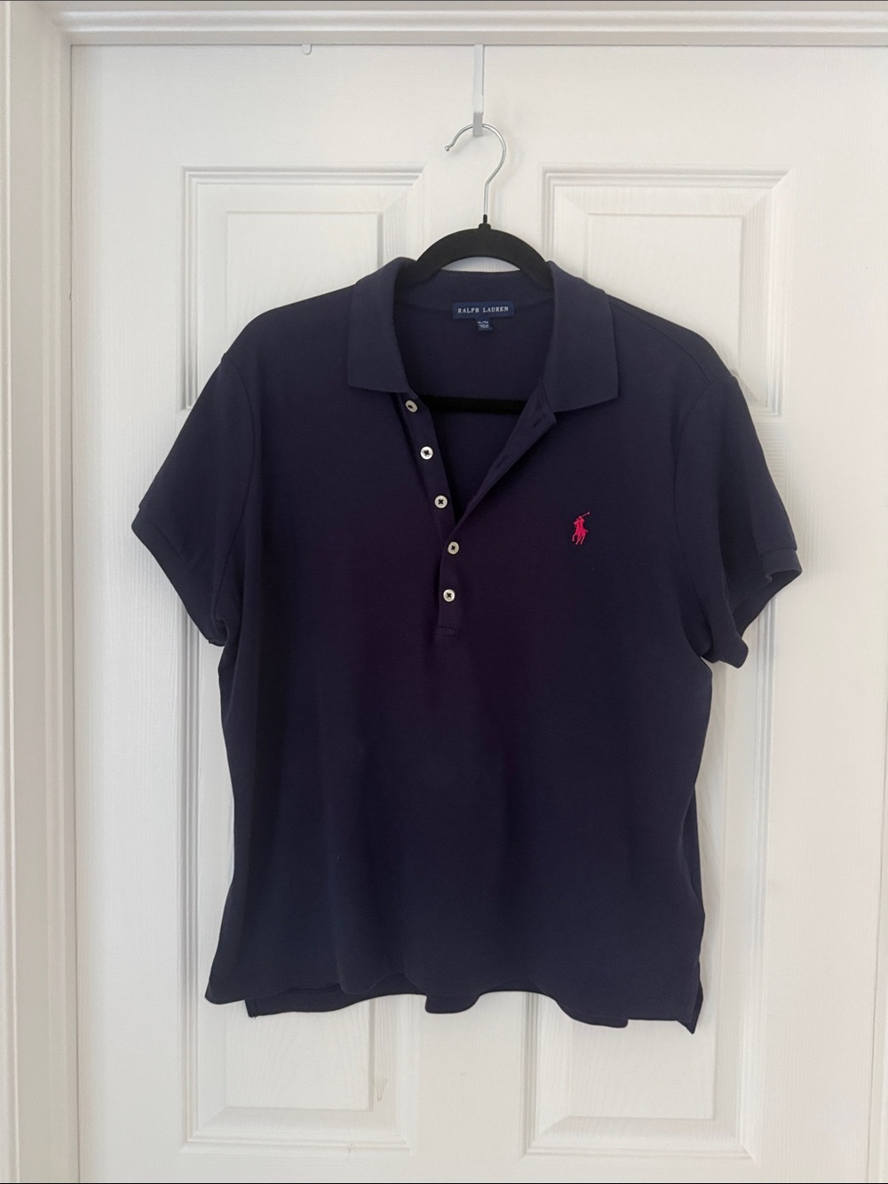 Ralph Lauren ‘Blue label’ Navy Polo with Fuchsia Embroidered Pony, Size XL